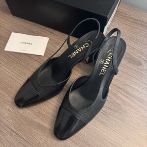 CHANEL Black Leather Slingback Heels Sz 38.5